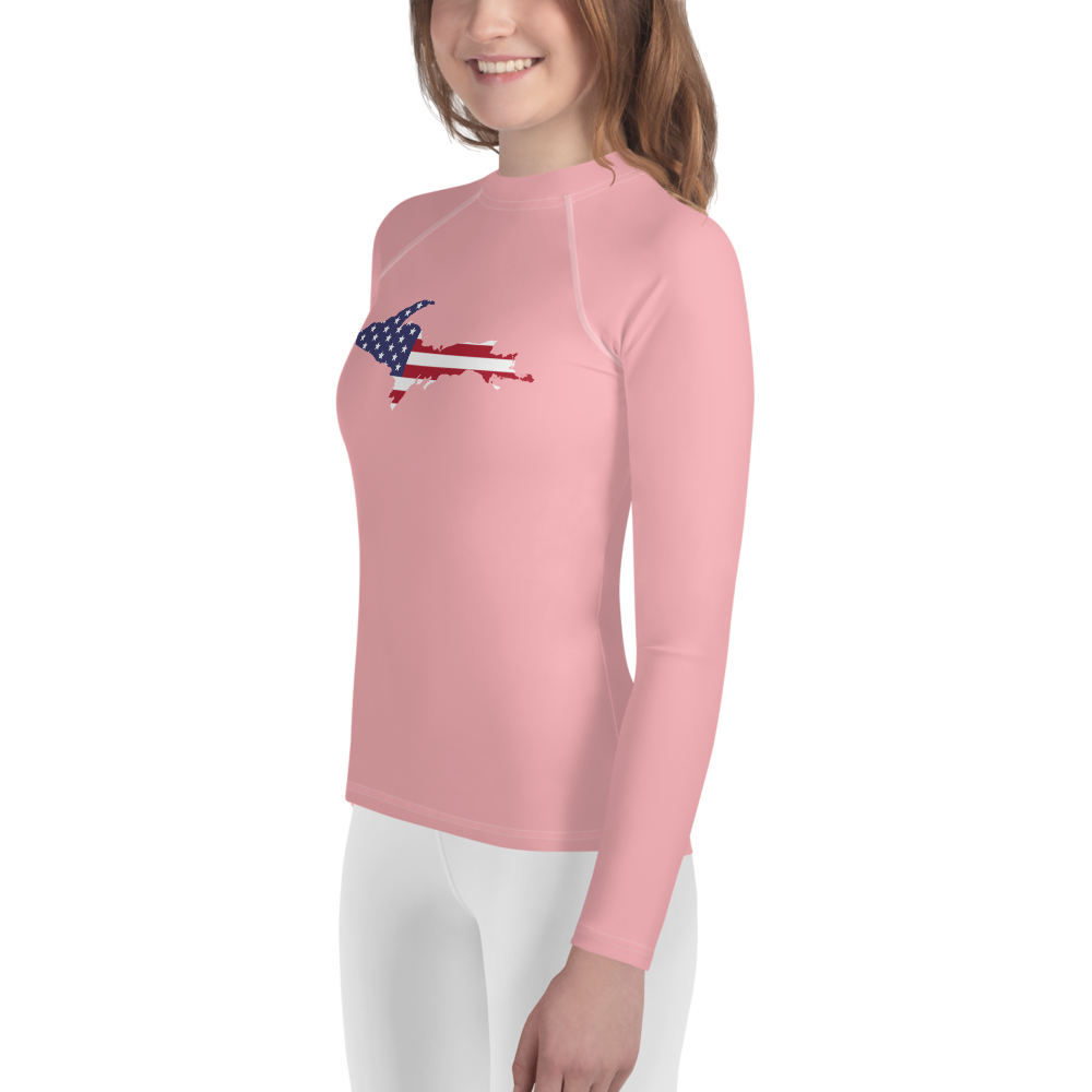 Michigan Upper Peninsula Rash Guard (w/ UP USA Flag) | Youth - Strawberry Pink