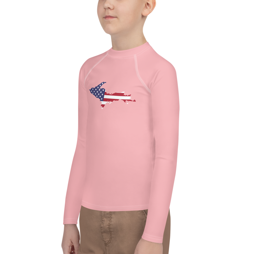 Michigan Upper Peninsula Rash Guard (w/ UP USA Flag) | Youth - Strawberry Pink