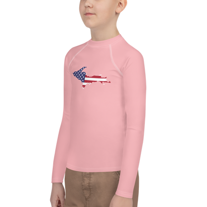 Michigan Upper Peninsula Rash Guard (w/ UP USA Flag) | Youth - Strawberry Pink