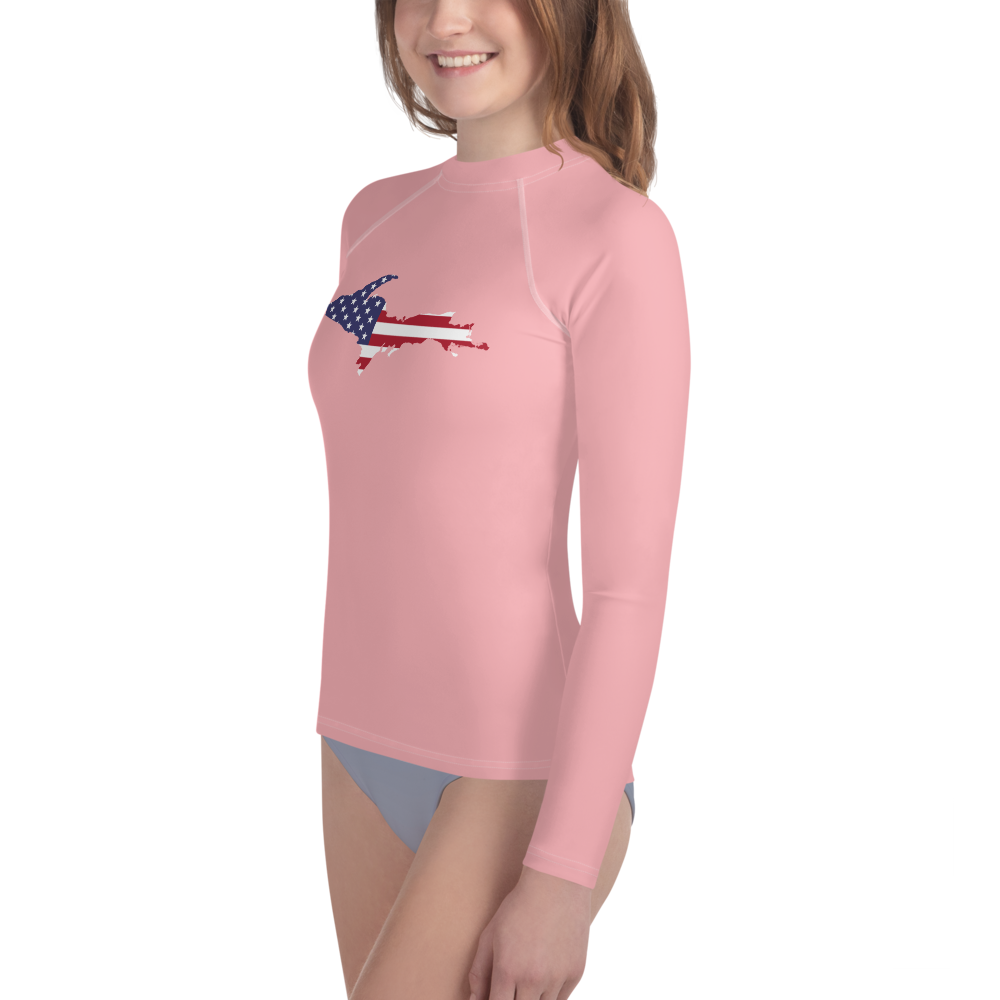 Michigan Upper Peninsula Rash Guard (w/ UP USA Flag) | Youth - Strawberry Pink