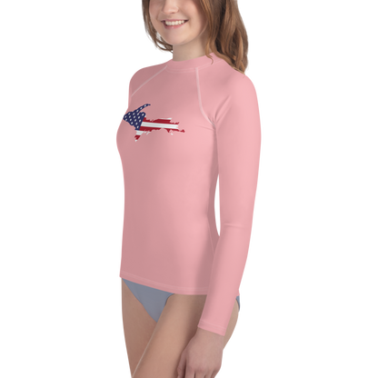 Michigan Upper Peninsula Rash Guard (w/ UP USA Flag) | Youth - Strawberry Pink