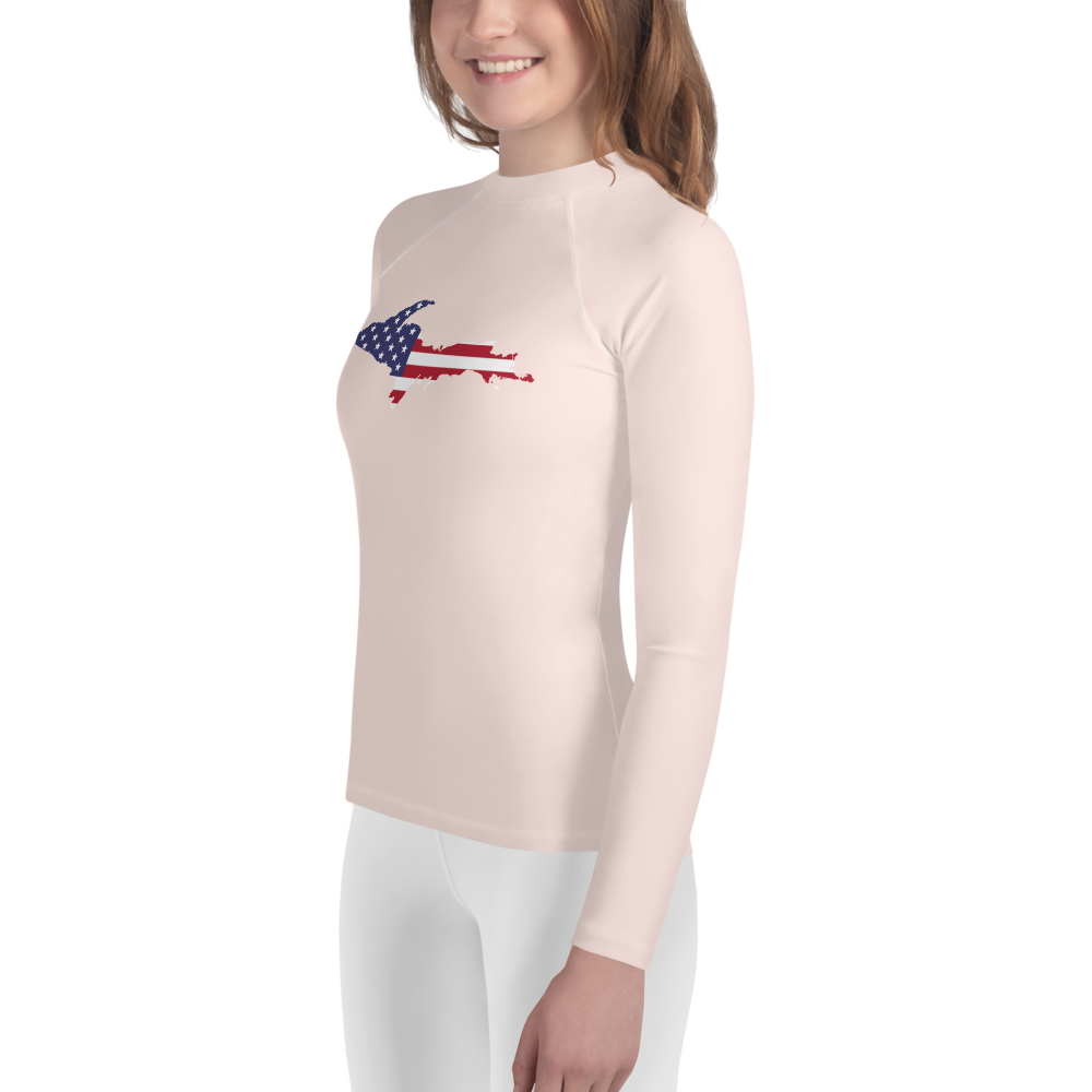 Michigan Upper Peninsula Rash Guard (w/ UP USA Flag) | Youth - Champagne Pink