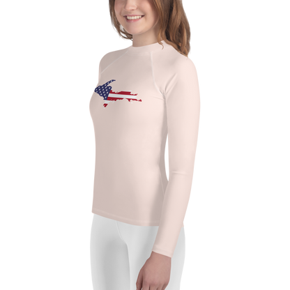 Michigan Upper Peninsula Rash Guard (w/ UP USA Flag) | Youth - Champagne Pink