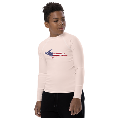 Michigan Upper Peninsula Rash Guard (w/ UP USA Flag) | Youth - Champagne Pink