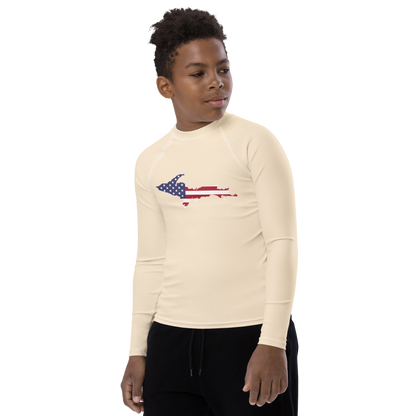 Michigan Upper Peninsula Rash Guard (w/ UP USA Flag) | Youth - Champagne White