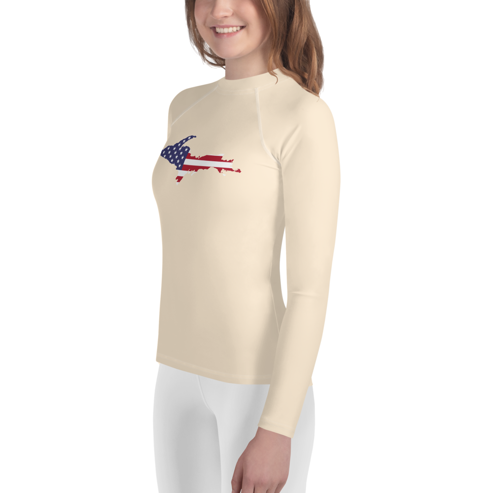 Michigan Upper Peninsula Rash Guard (w/ UP USA Flag) | Youth - Champagne White