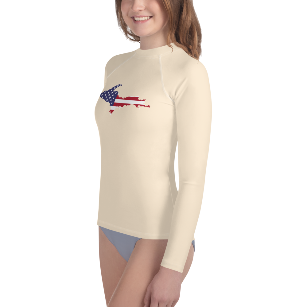 Michigan Upper Peninsula Rash Guard (w/ UP USA Flag) | Youth - Champagne White