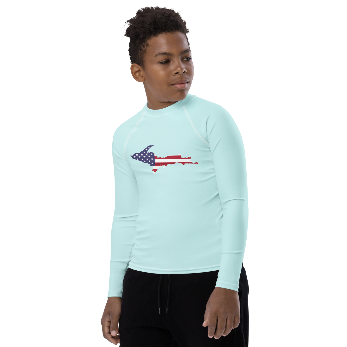 Michigan Upper Peninsula Rash Guard (w/ UP USA Flag) | Youth - Cyan