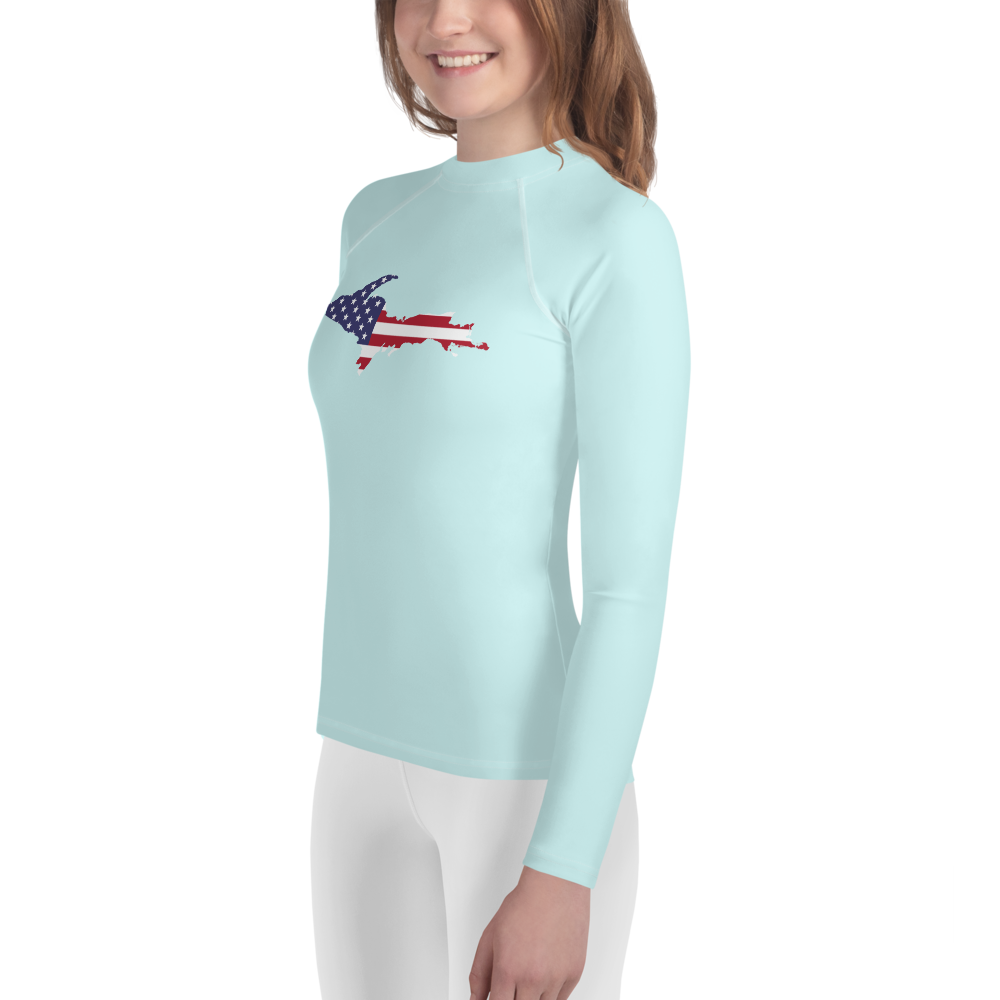 Michigan Upper Peninsula Rash Guard (w/ UP USA Flag) | Youth - Cyan