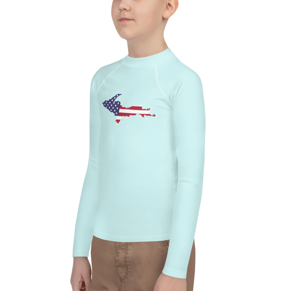 Michigan Upper Peninsula Rash Guard (w/ UP USA Flag) | Youth - Cyan