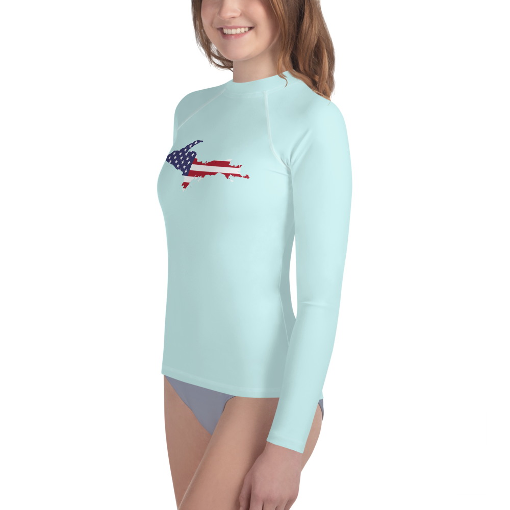 Michigan Upper Peninsula Rash Guard (w/ UP USA Flag) | Youth - Cyan