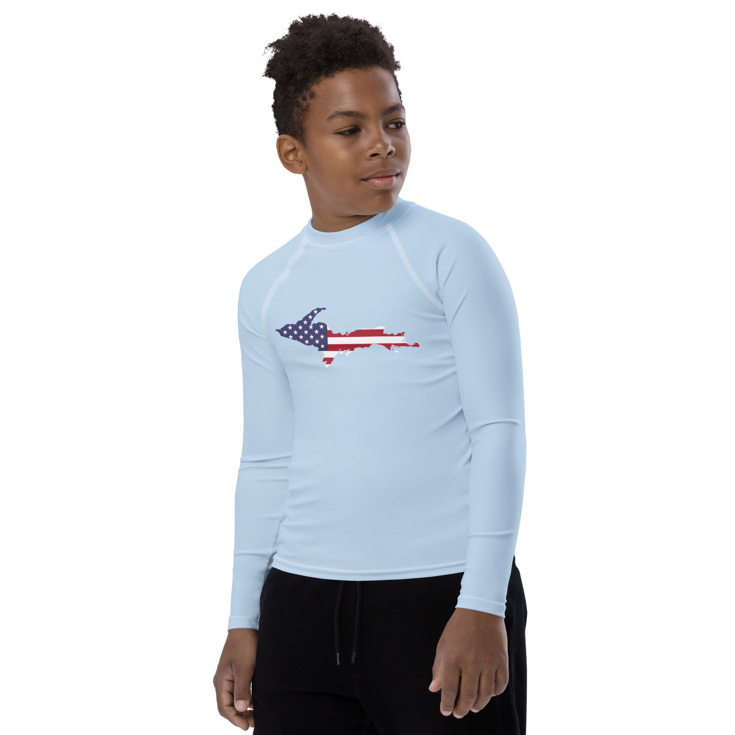 Michigan Upper Peninsula Rash Guard (w/ UP USA Flag) | Youth - Light Blue