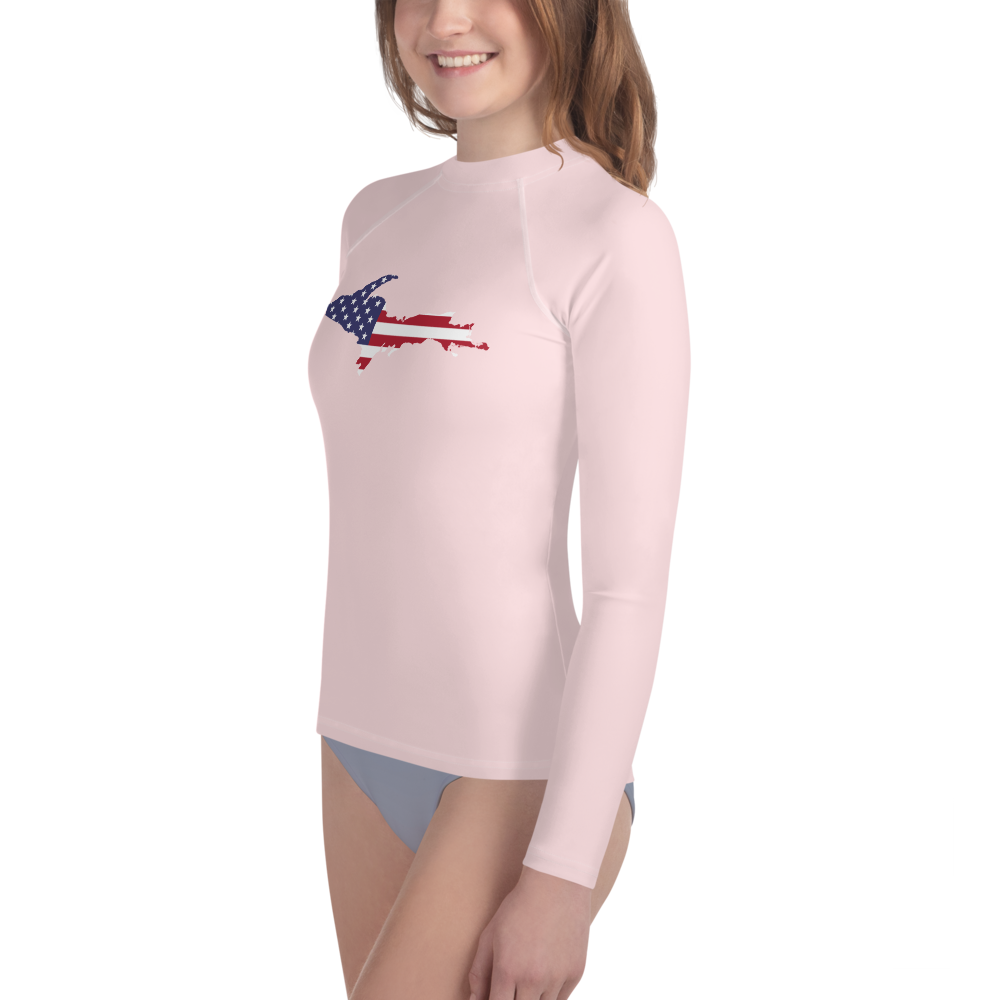 Michigan Upper Peninsula Rash Guard (w/ UP USA Flag) | Youth - Pale Pink