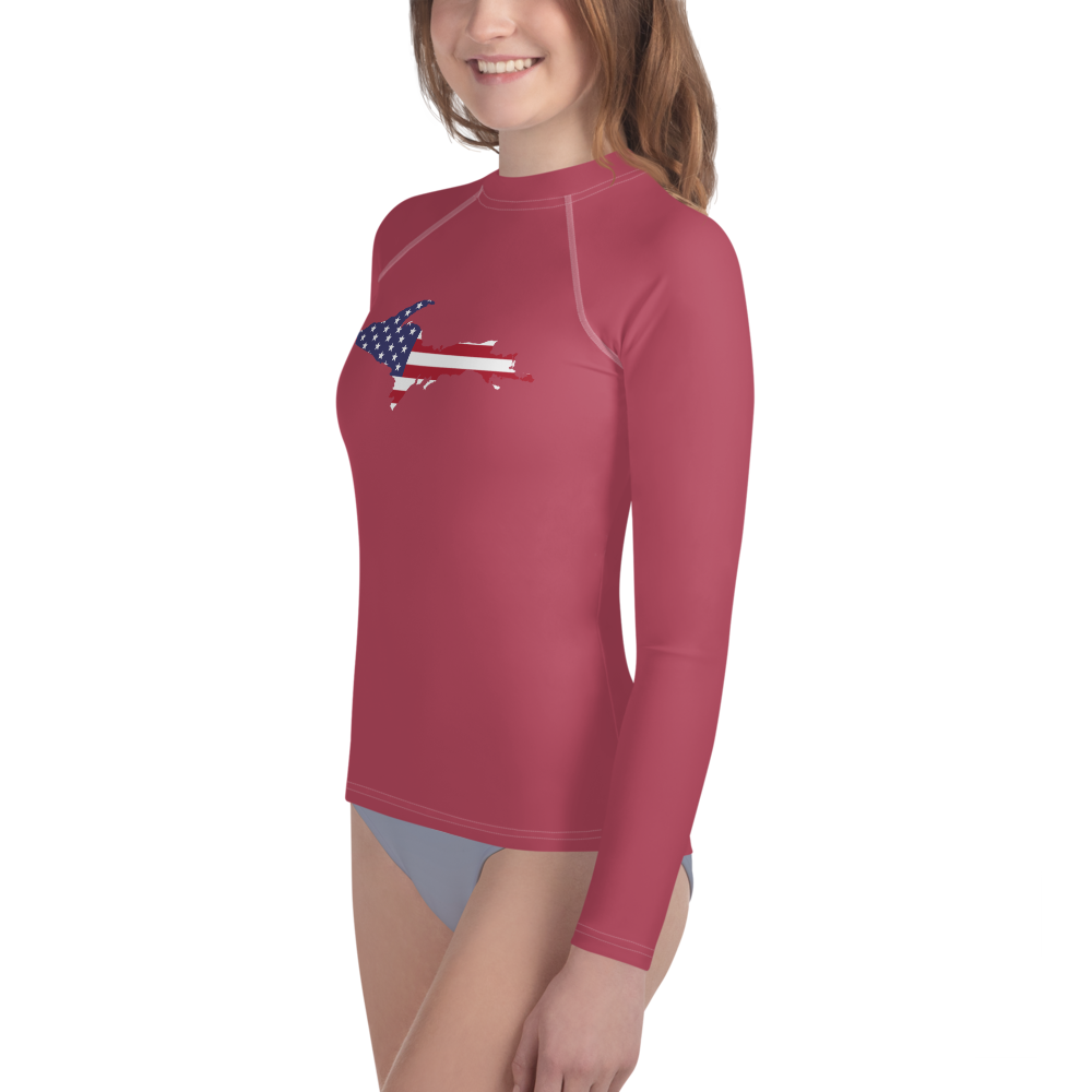 Michigan Upper Peninsula Rash Guard (w/ UP USA Flag) | Youth - Popstar Pink