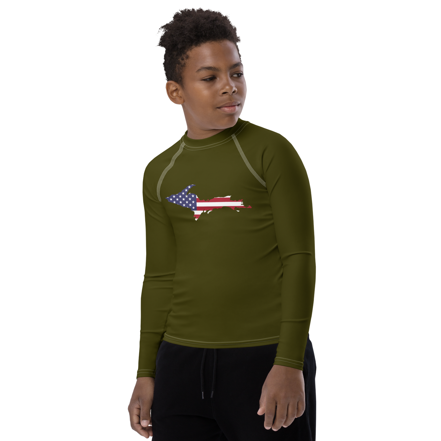 Michigan Upper Peninsula Rash Guard (w/ UP USA Flag) | Youth - Military Green