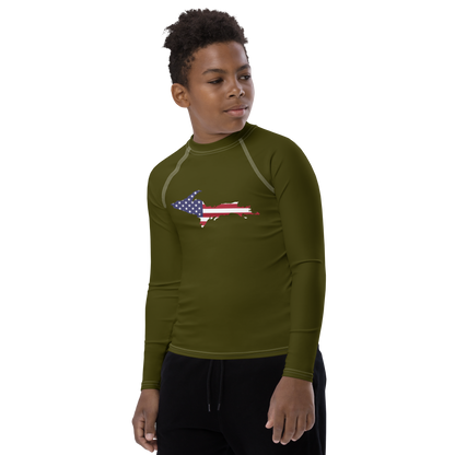 Michigan Upper Peninsula Rash Guard (w/ UP USA Flag) | Youth - Military Green