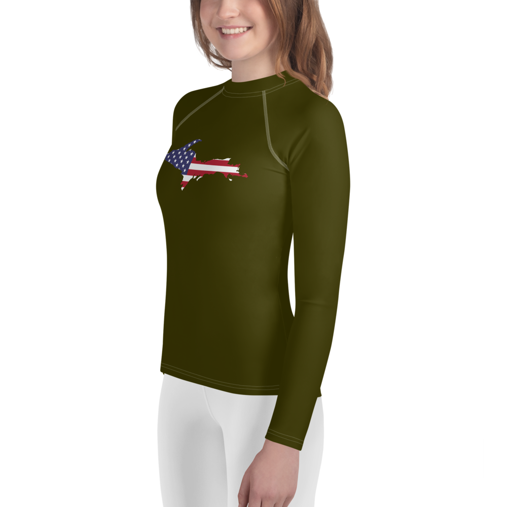 Michigan Upper Peninsula Rash Guard (w/ UP USA Flag) | Youth - Military Green