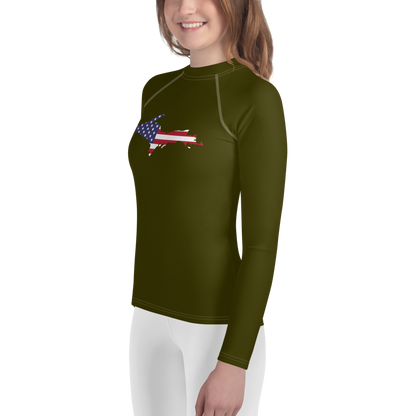 Michigan Upper Peninsula Rash Guard (w/ UP USA Flag) | Youth - Military Green