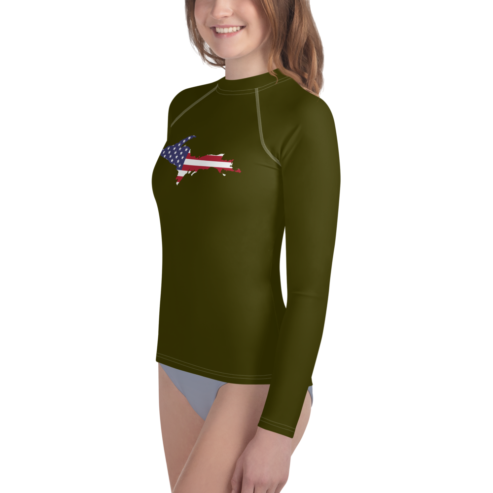 Michigan Upper Peninsula Rash Guard (w/ UP USA Flag) | Youth - Military Green