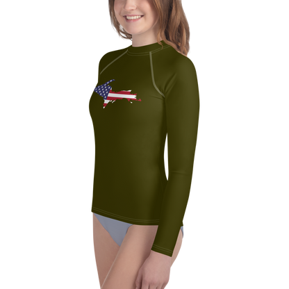 Michigan Upper Peninsula Rash Guard (w/ UP USA Flag) | Youth - Military Green