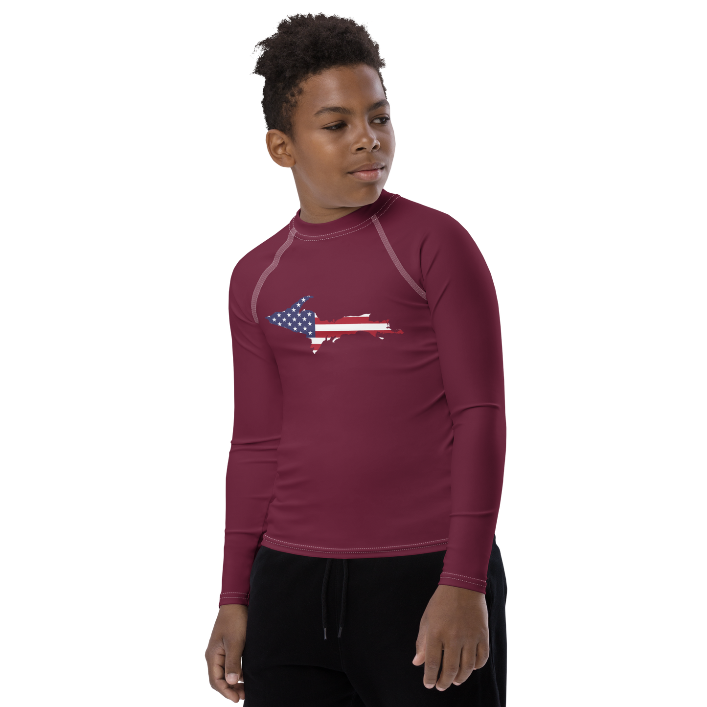 Michigan Upper Peninsula Rash Guard (w/ UP USA Flag) | Youth - Old Mission Burgundy