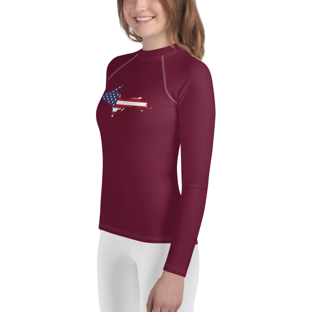 Michigan Upper Peninsula Rash Guard (w/ UP USA Flag) | Youth - Old Mission Burgundy