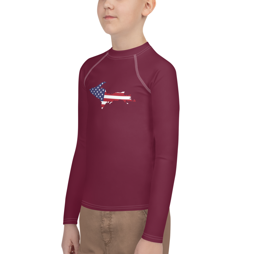 Michigan Upper Peninsula Rash Guard (w/ UP USA Flag) | Youth - Old Mission Burgundy