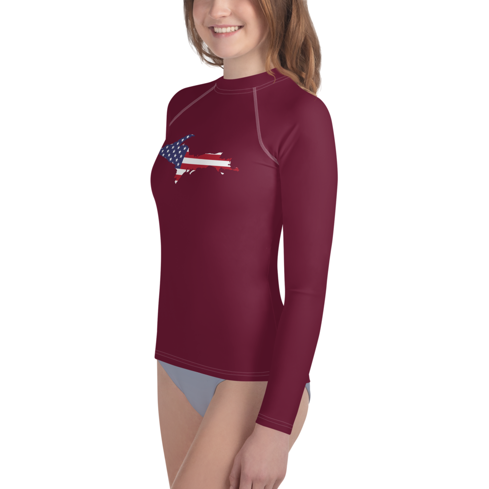 Michigan Upper Peninsula Rash Guard (w/ UP USA Flag) | Youth - Old Mission Burgundy