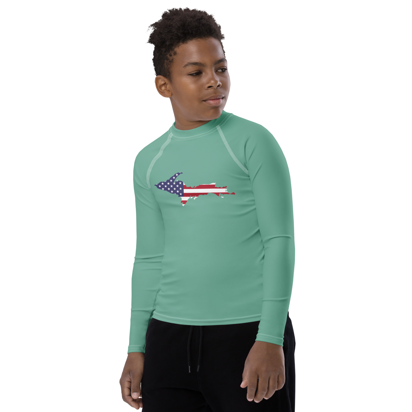 Michigan Upper Peninsula Rash Guard (w/ UP USA Flag) | Youth - Metallic Mint Green