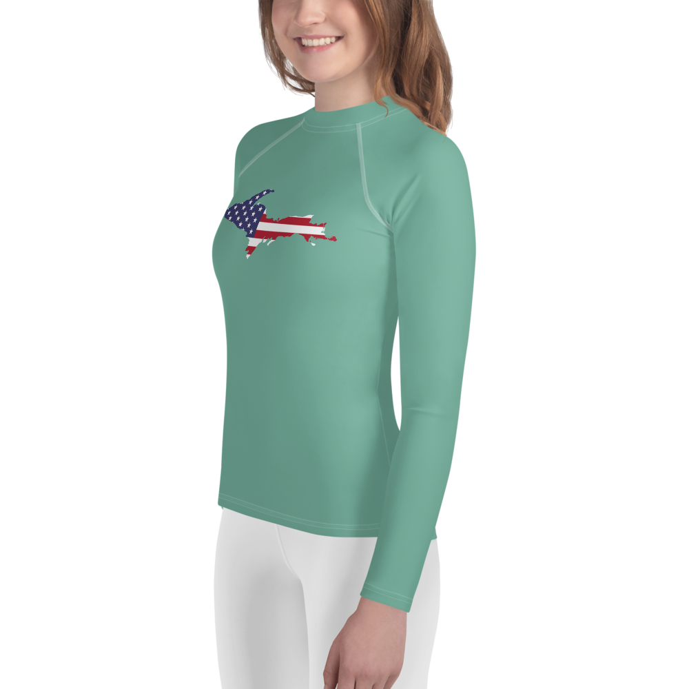 Michigan Upper Peninsula Rash Guard (w/ UP USA Flag) | Youth - Metallic Mint Green