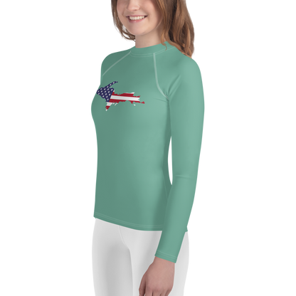 Michigan Upper Peninsula Rash Guard (w/ UP USA Flag) | Youth - Metallic Mint Green