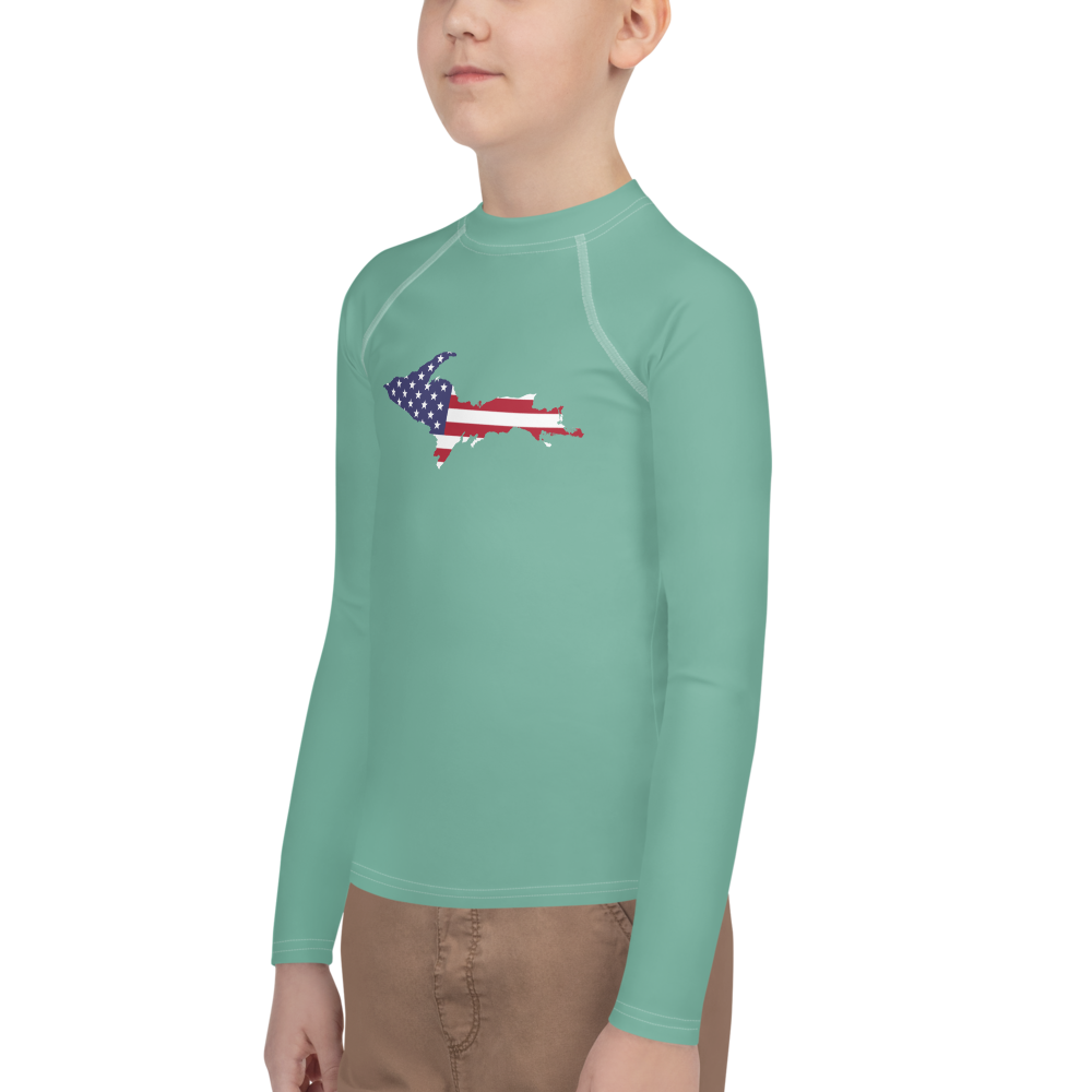 Michigan Upper Peninsula Rash Guard (w/ UP USA Flag) | Youth - Metallic Mint Green