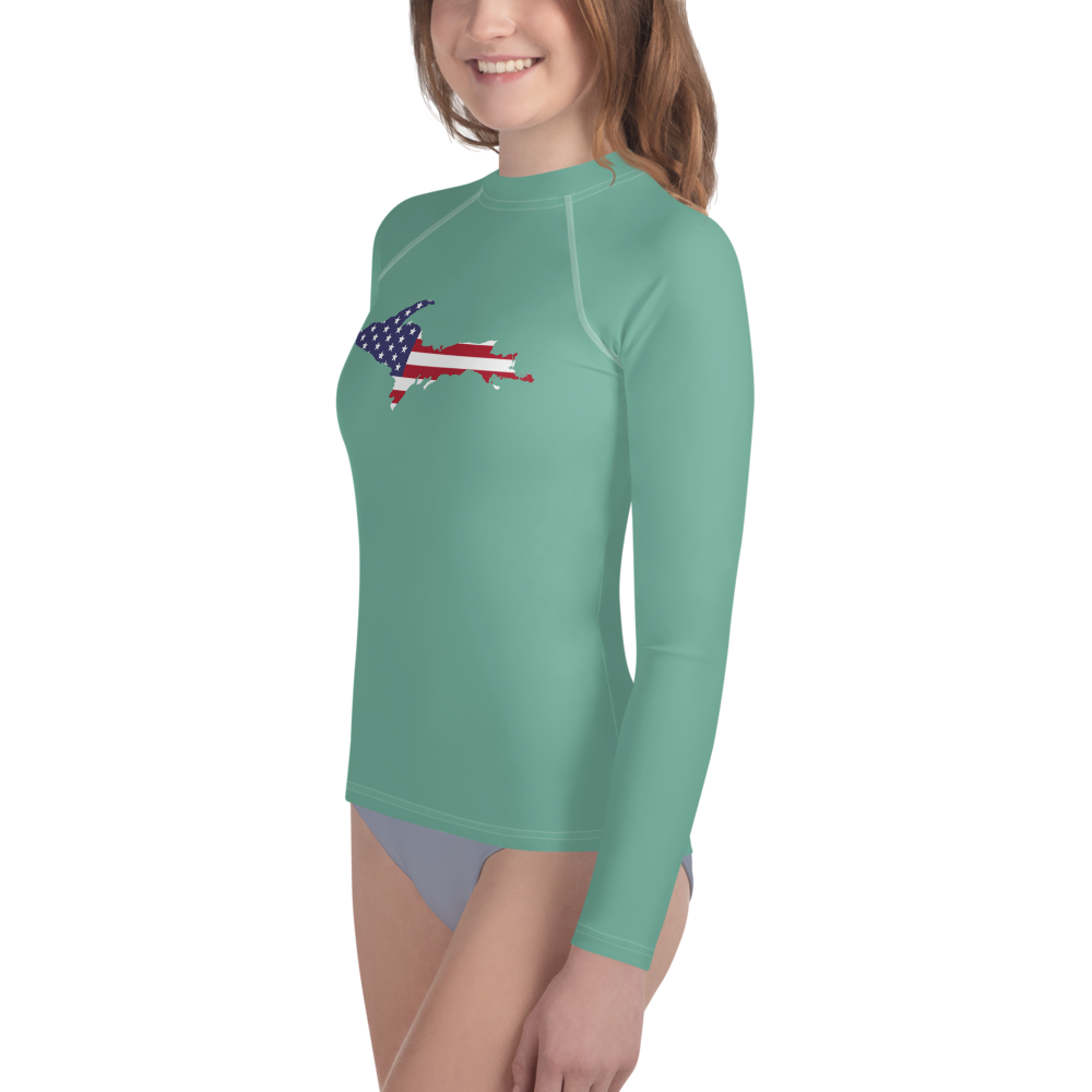 Michigan Upper Peninsula Rash Guard (w/ UP USA Flag) | Youth - Metallic Mint Green