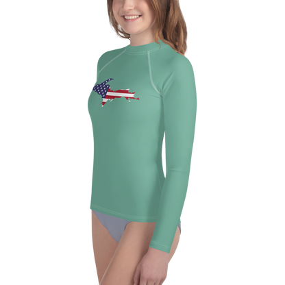 Michigan Upper Peninsula Rash Guard (w/ UP USA Flag) | Youth - Metallic Mint Green