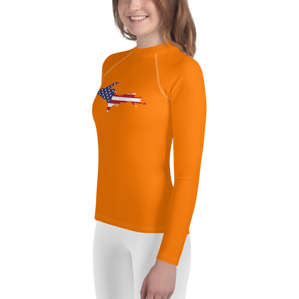 Michigan Upper Peninsula Rash Guard (w/ UP USA Flag) | Youth - Safety Orange