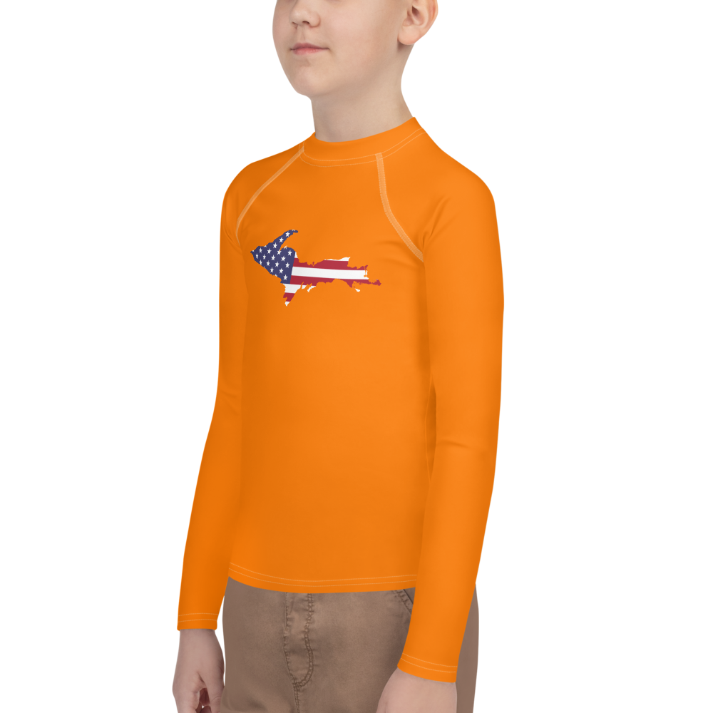 Michigan Upper Peninsula Rash Guard (w/ UP USA Flag) | Youth - Safety Orange