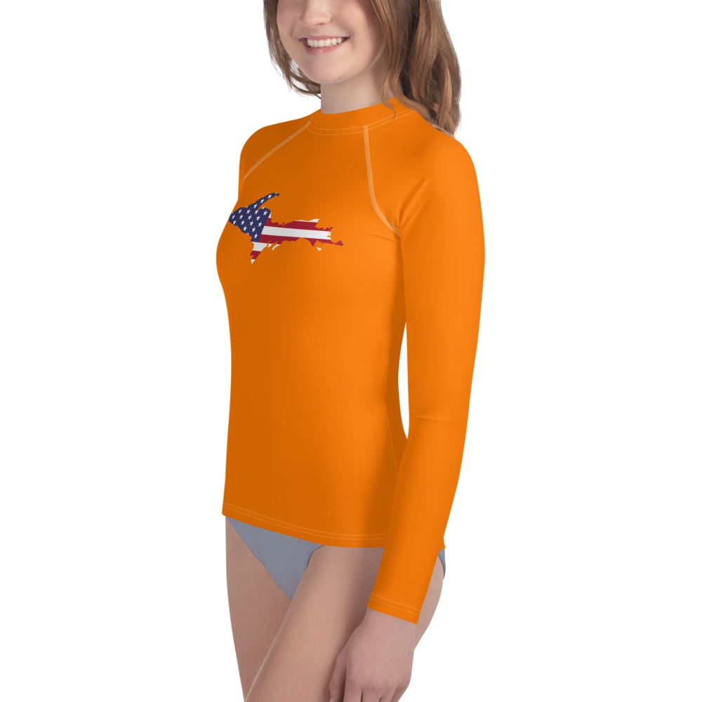 Michigan Upper Peninsula Rash Guard (w/ UP USA Flag) | Youth - Safety Orange