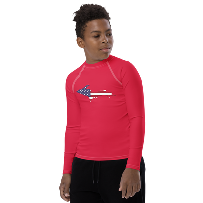 Michigan Upper Peninsula Rash Guard (w/ UP USA Flag) | Youth - Lighthouse Red