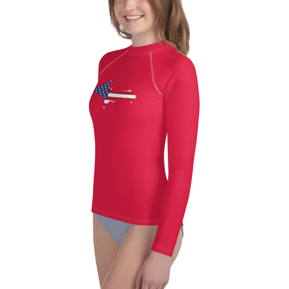 Michigan Upper Peninsula Rash Guard (w/ UP USA Flag) | Youth - Lighthouse Red