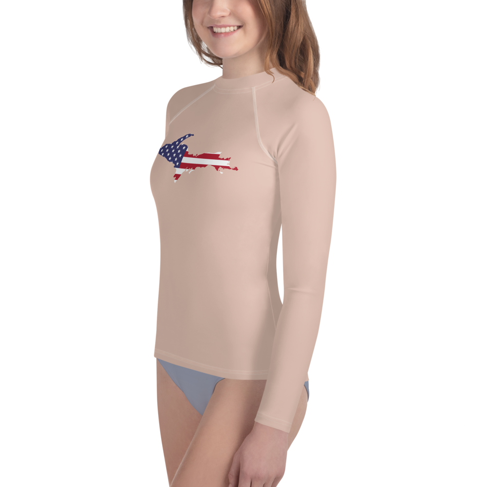 Michigan Upper Peninsula Rash Guard (w/ UP USA Flag) | Youth - Rose Gold