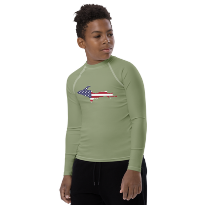 Michigan Upper Peninsula Rash Guard (w/ UP USA Flag) | Youth - Beachgrass Green