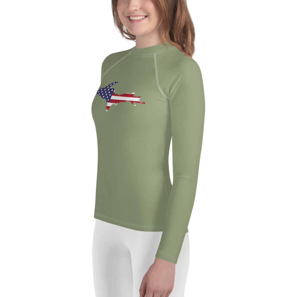 Michigan Upper Peninsula Rash Guard (w/ UP USA Flag) | Youth - Beachgrass Green