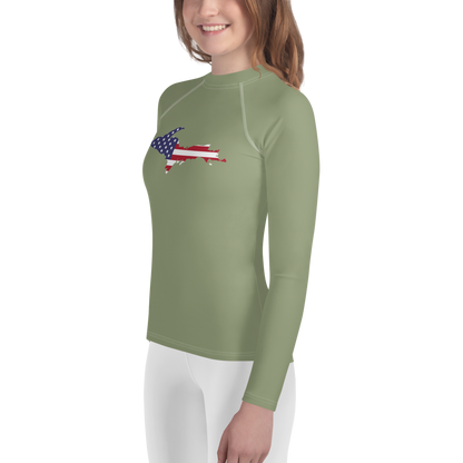 Michigan Upper Peninsula Rash Guard (w/ UP USA Flag) | Youth - Beachgrass Green