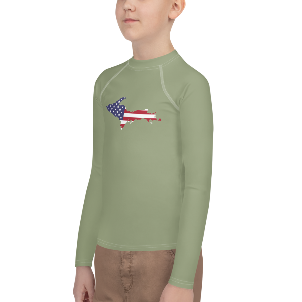 Michigan Upper Peninsula Rash Guard (w/ UP USA Flag) | Youth - Beachgrass Green