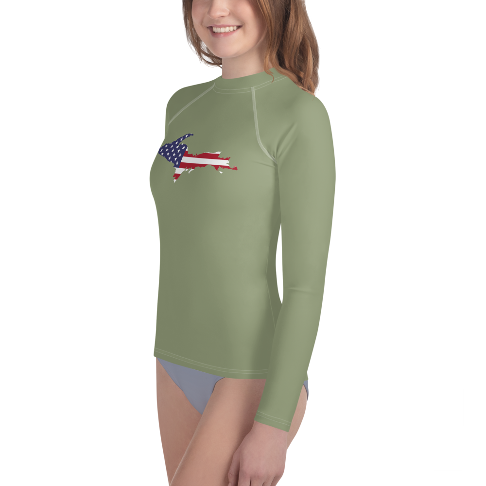 Michigan Upper Peninsula Rash Guard (w/ UP USA Flag) | Youth - Beachgrass Green