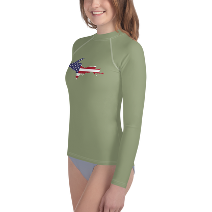 Michigan Upper Peninsula Rash Guard (w/ UP USA Flag) | Youth - Beachgrass Green