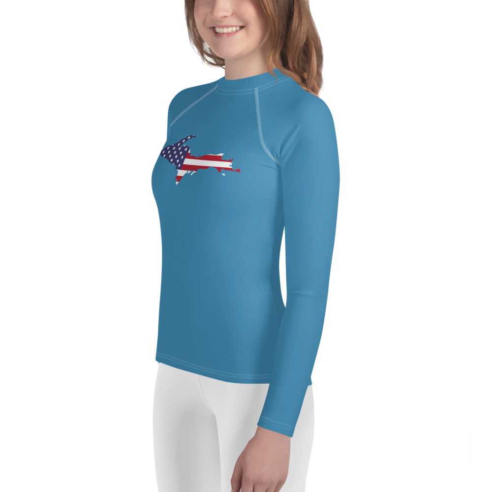 Michigan Upper Peninsula Rash Guard (w/ UP USA Flag) | Youth - Lake Michigan Blue