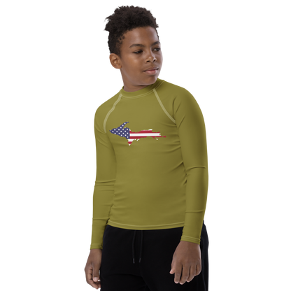 Michigan Upper Peninsula Rash Guard (w/ UP USA Flag) | Youth - Scrub Gold