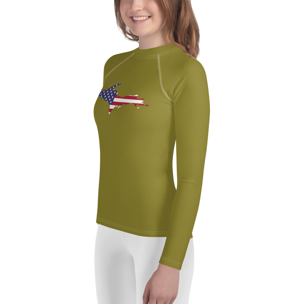 Michigan Upper Peninsula Rash Guard (w/ UP USA Flag) | Youth - Scrub Gold