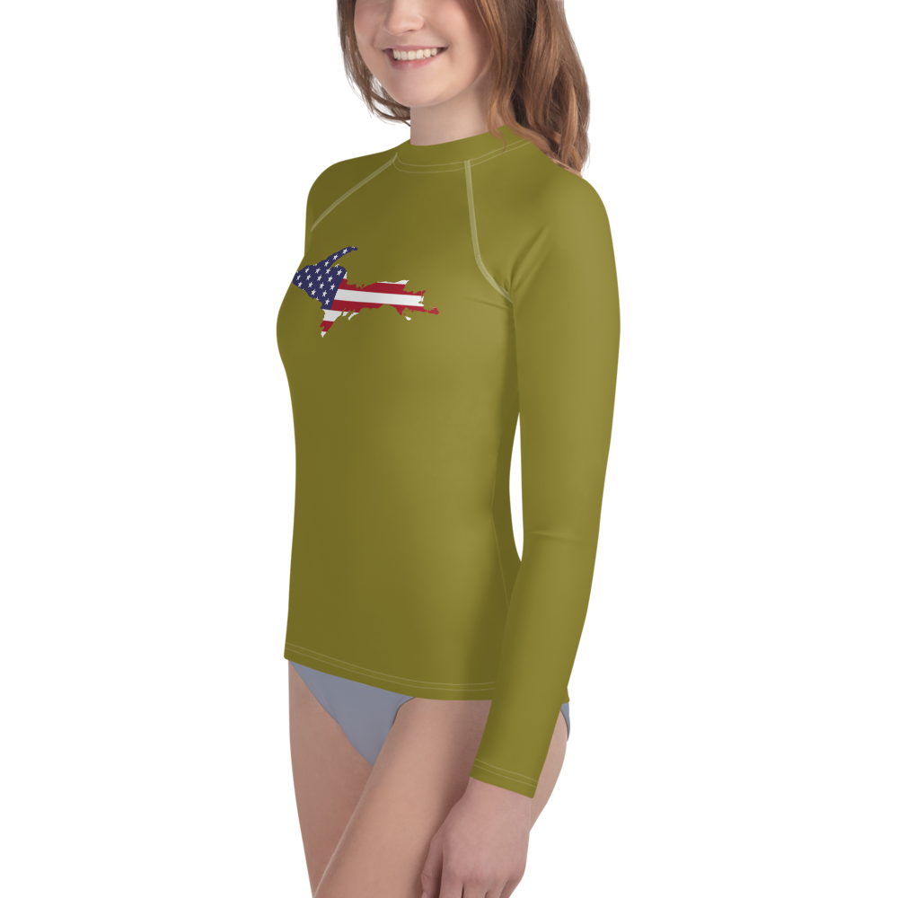 Michigan Upper Peninsula Rash Guard (w/ UP USA Flag) | Youth - Scrub Gold